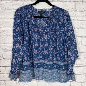 J.Crew Blue Floral Cotton Boho Peasant Blouse Lightweight Size 12